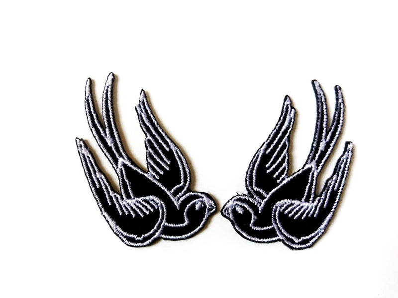 Tyga_Thai TH Set of 2 Tiny. Mini Black Little Bird Tattoo Swallow Dove Sparrow Cute Cartoon1 Logo Patches Sew Iron on Embroidered Applique Badge Sign Patch Clothing Costume - Image 1